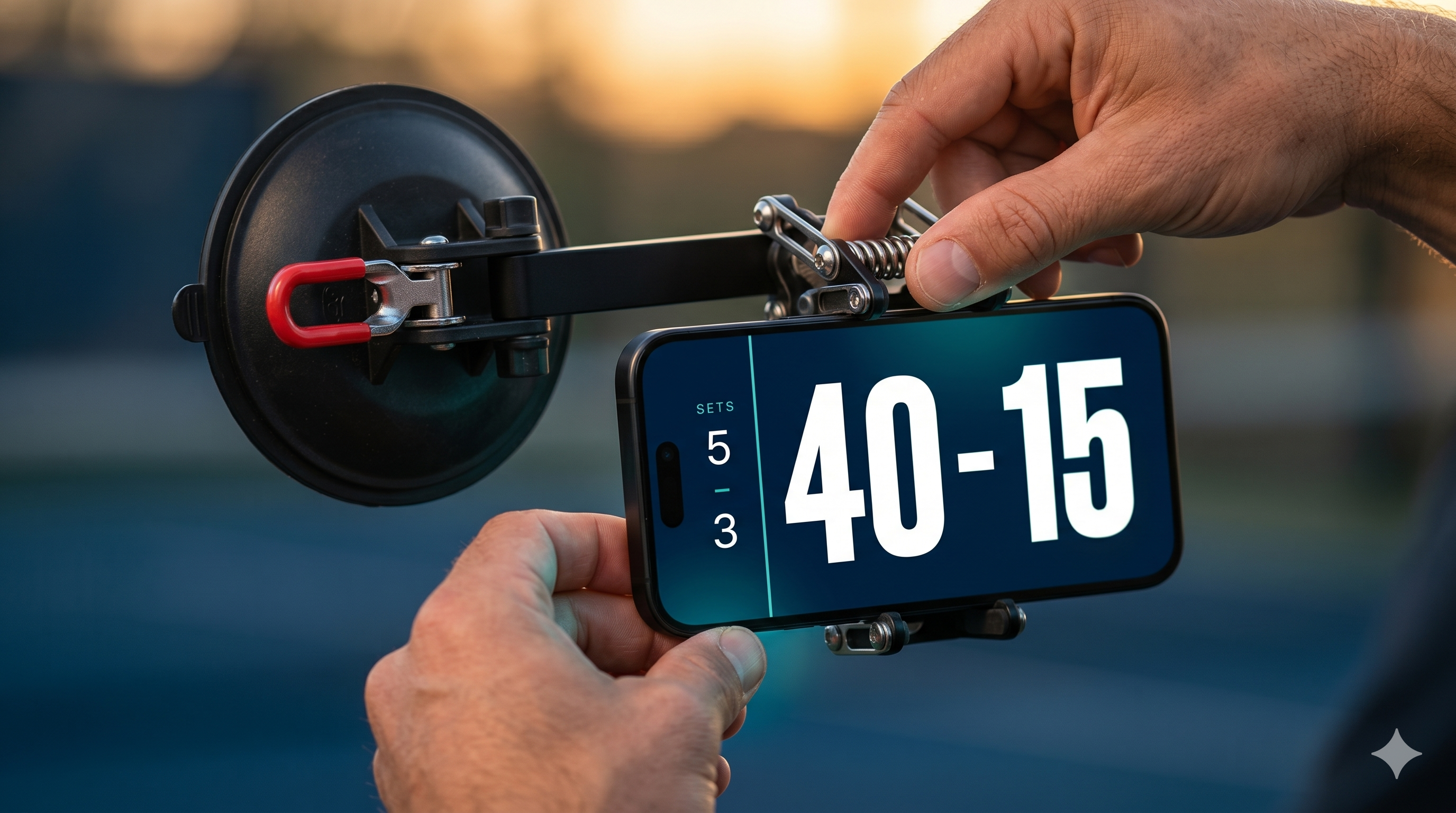 Manos montando el celular con sopapa industrial heavy-duty mostrando marcador 40-15