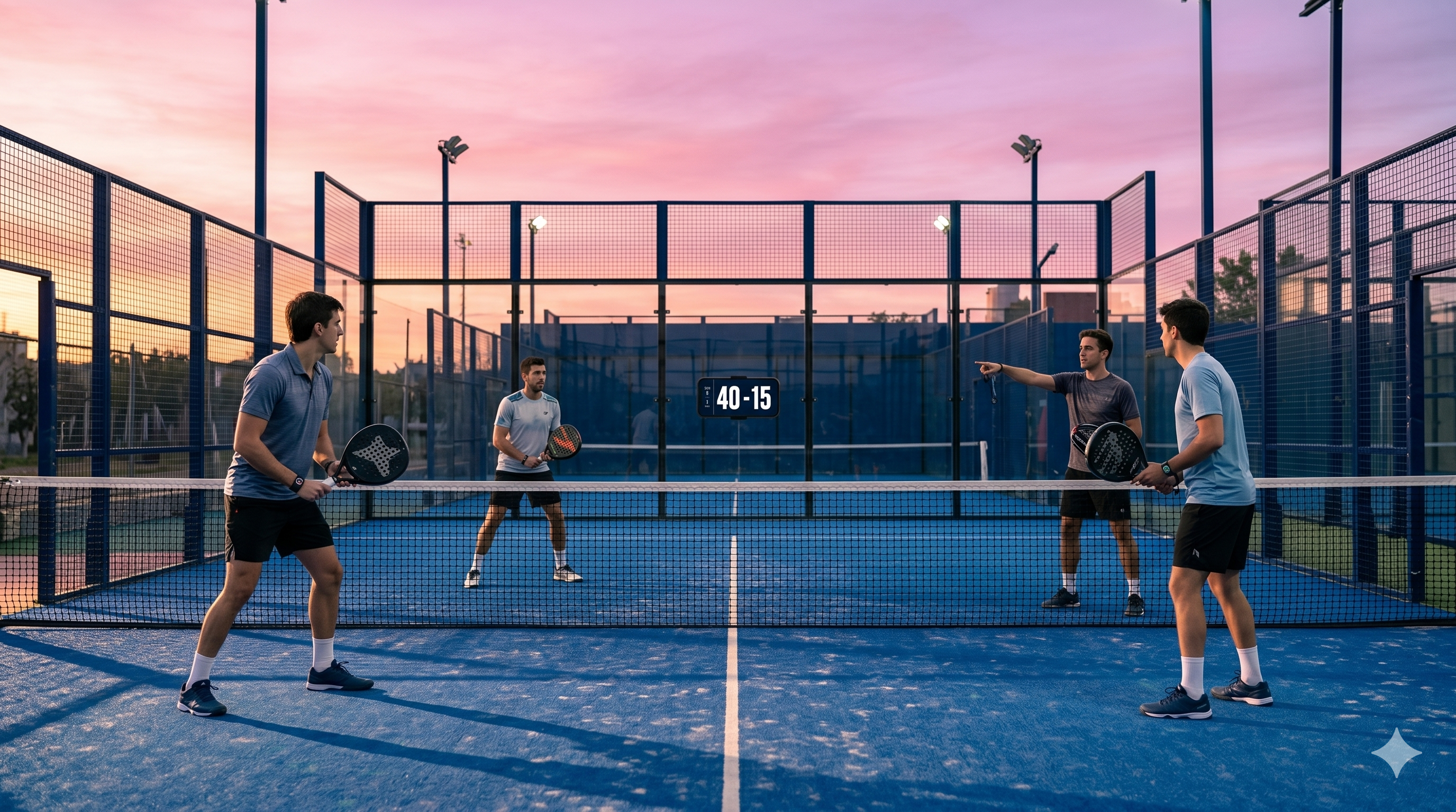 4 jugadores en una cancha de padel viendo el mismo marcador