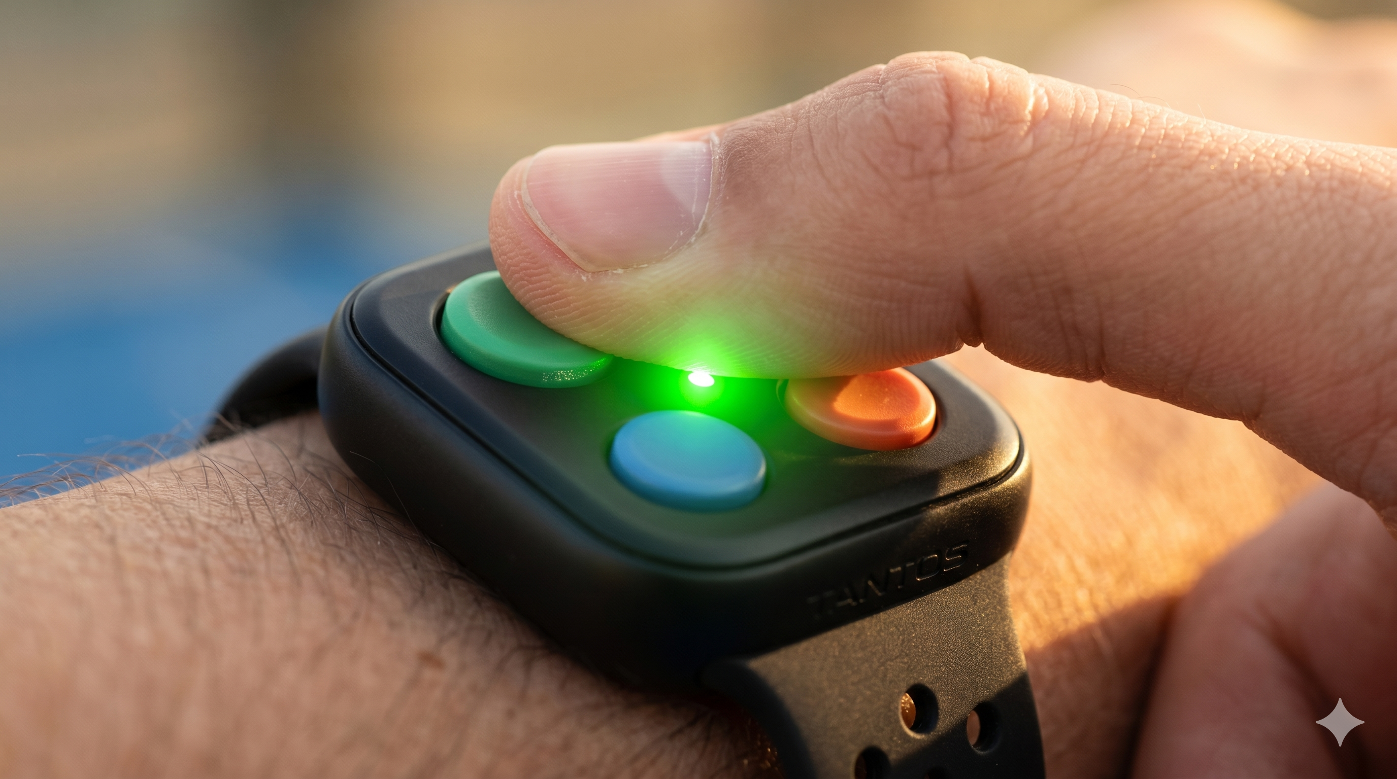 Pulgar apretando el botón verde de la pulsera Tantos con LED encendido